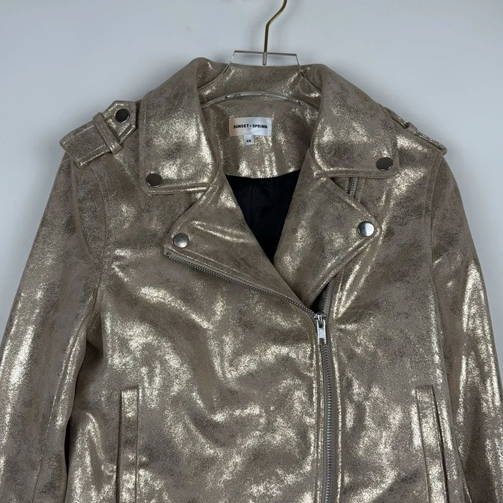 Sunset+Spring Gold Metallic Faux Leather Biker Jacket Size XS - Picture 2 of 10